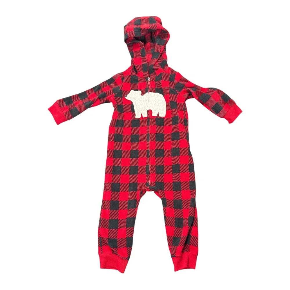 Carters Just One You Baby 12M Red Black Buffalo Plaid Fleece Hooded Sleeper Bear